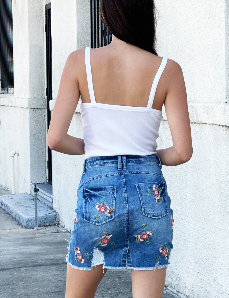 Flower Power Mini Skirt in Washed Blue Back View