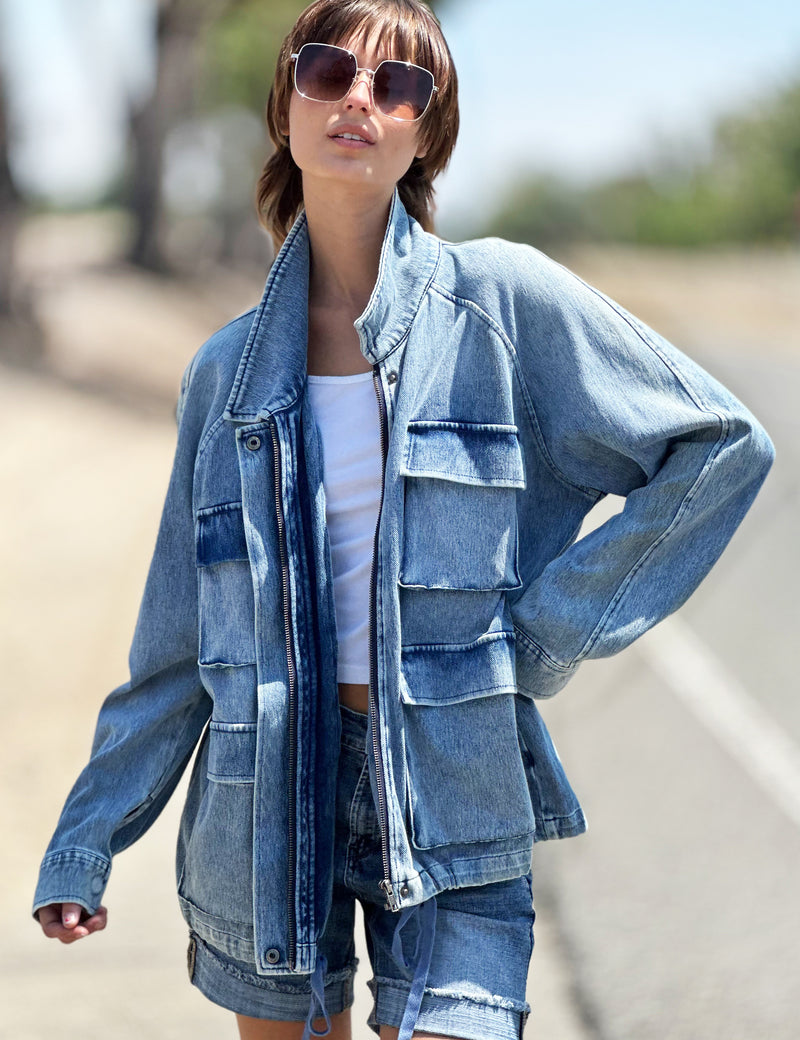 Women's Designer Denim Jacket with Cargo Pockets