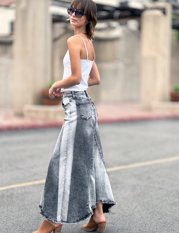 Selma Pieced Denim Maxi Skirt Split Black Side View