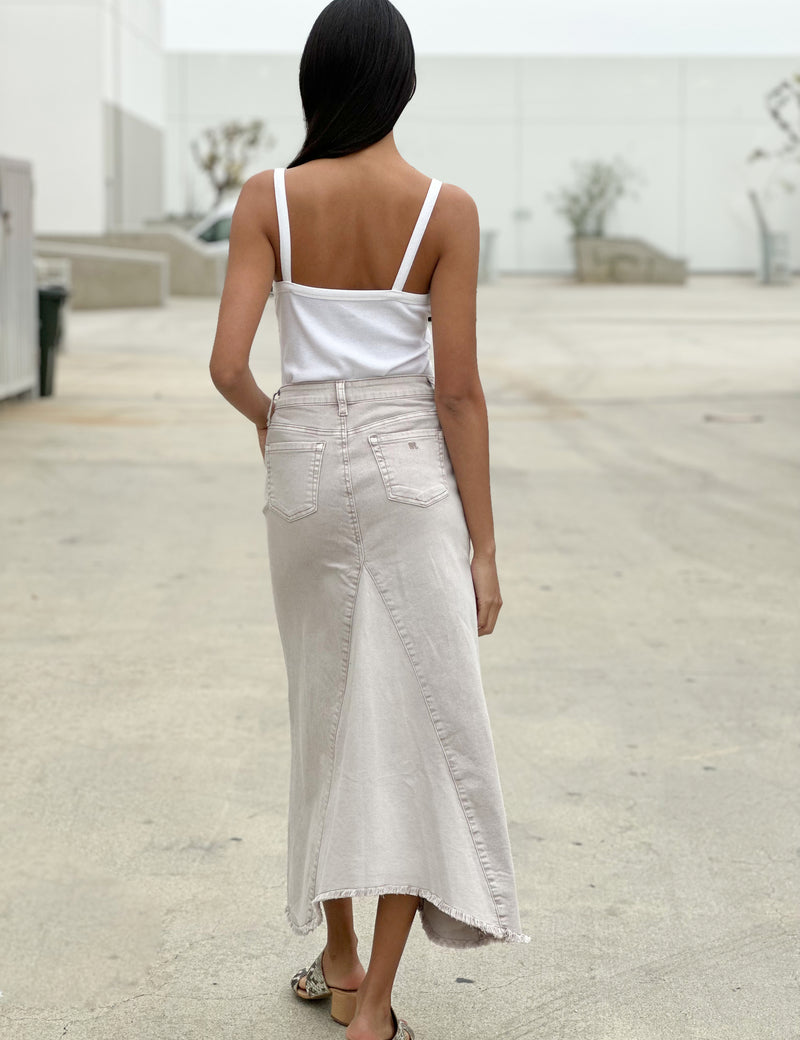 Women's Designer Denim Maxi Skirt in Almond