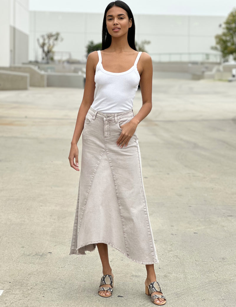 Women's Designer Denim Maxi Skirt in Almond