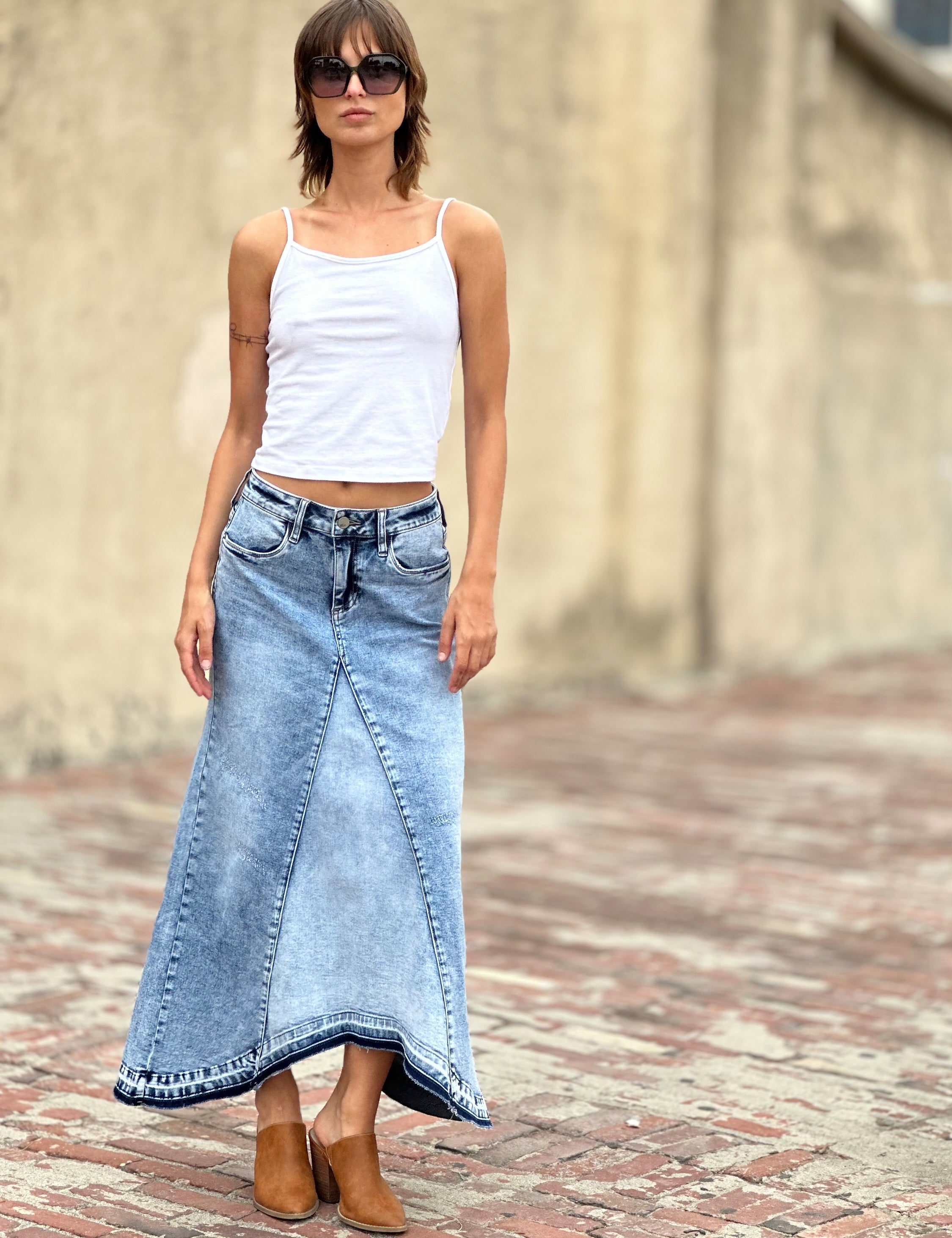 2025SS BLAMINK ブラミンク ブリーチデニムフレアスカート 36 Women's Selma Pieced Denim Maxi Skirt – Billy T – washlabshop