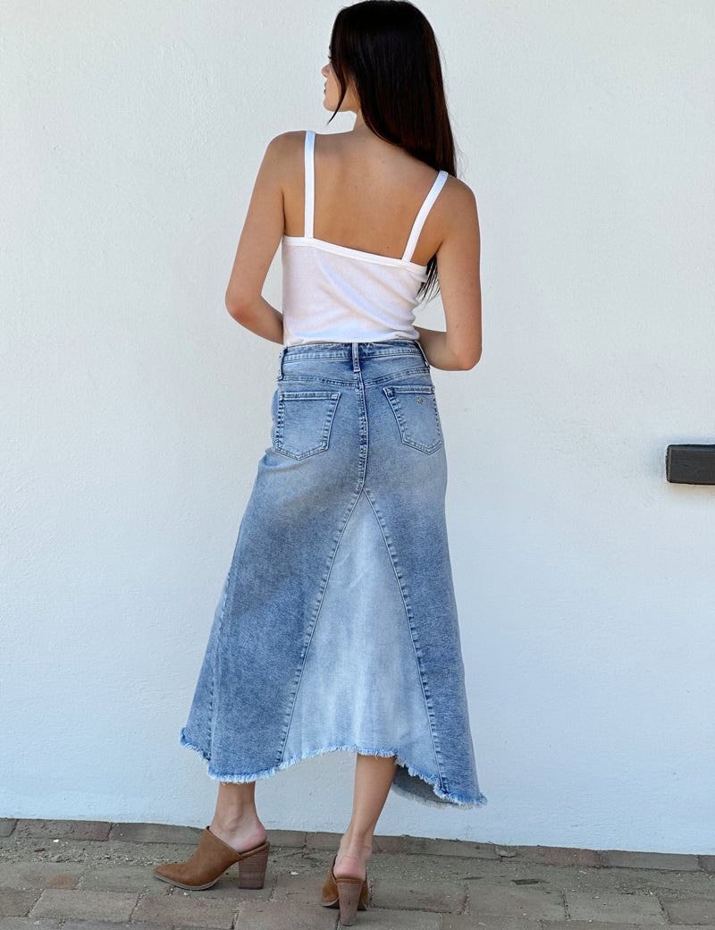 Women's Designer Denim Maxi Skirt in Surf Blue
