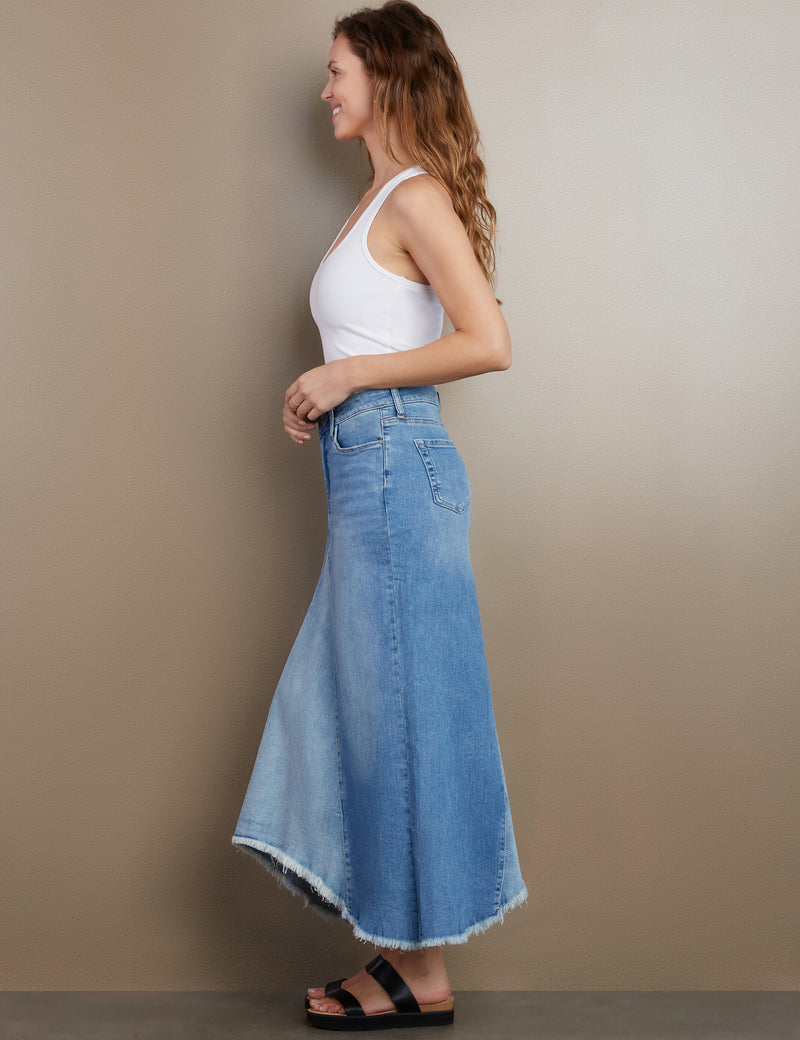 Women's Designer Two Tone Selma Pieced Denim Maxi Skirt