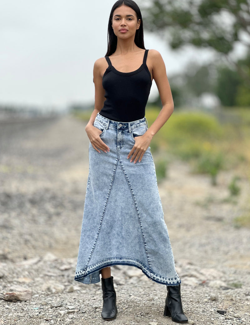 Women's Designer Selma Pieced Denim Maxi Skirt in Mineral Blue