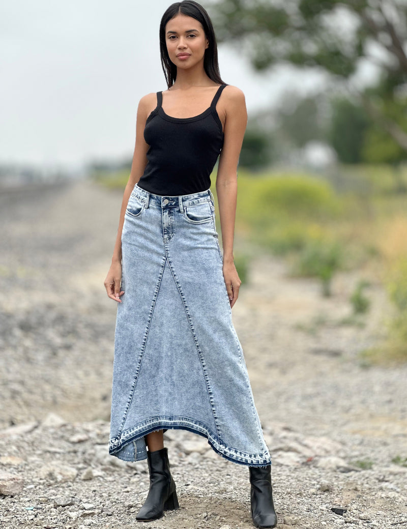 Women's Designer Selma Pieced Denim Maxi Skirt in Mineral Blue