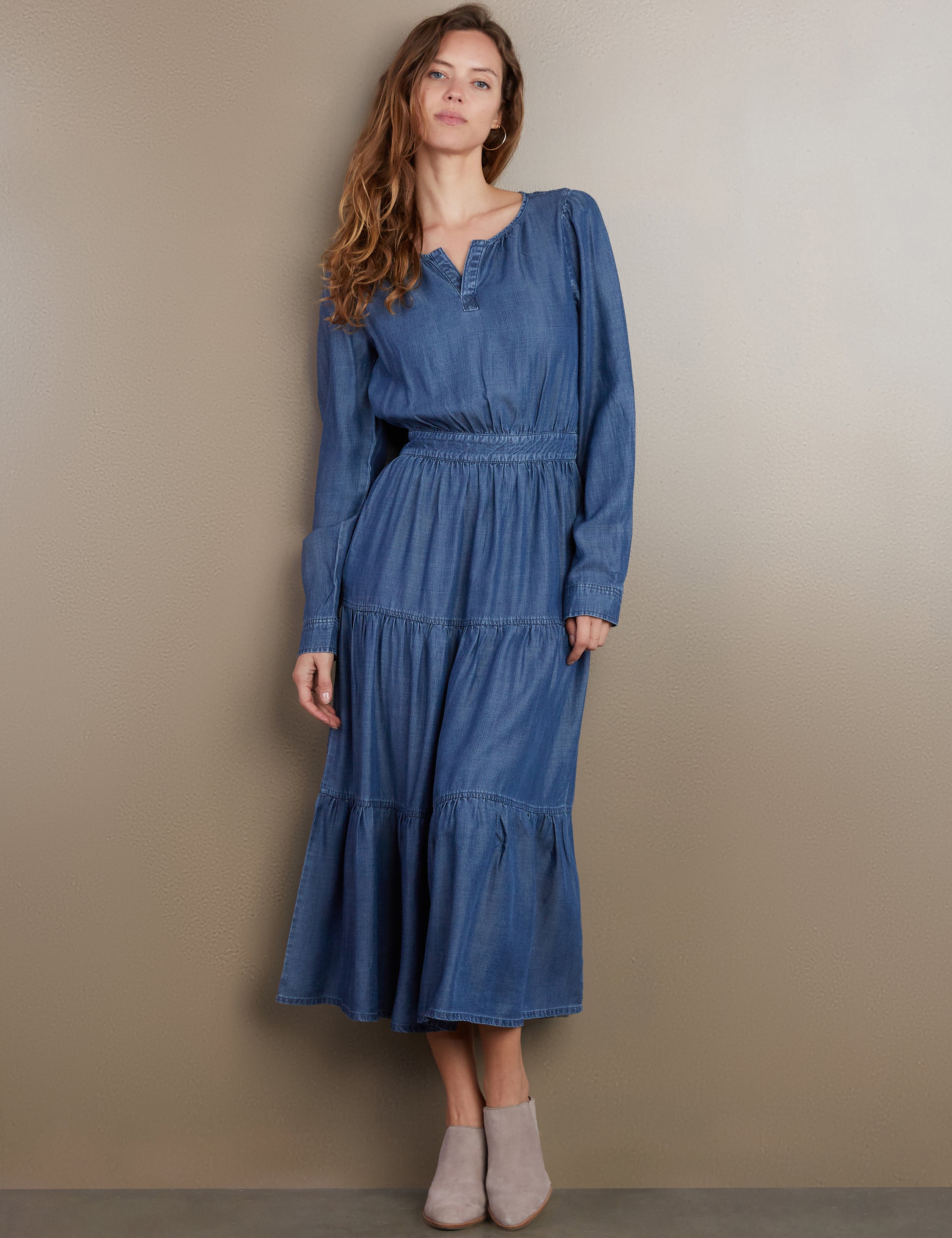 Lace-Up Denim-Look Maxi Dress