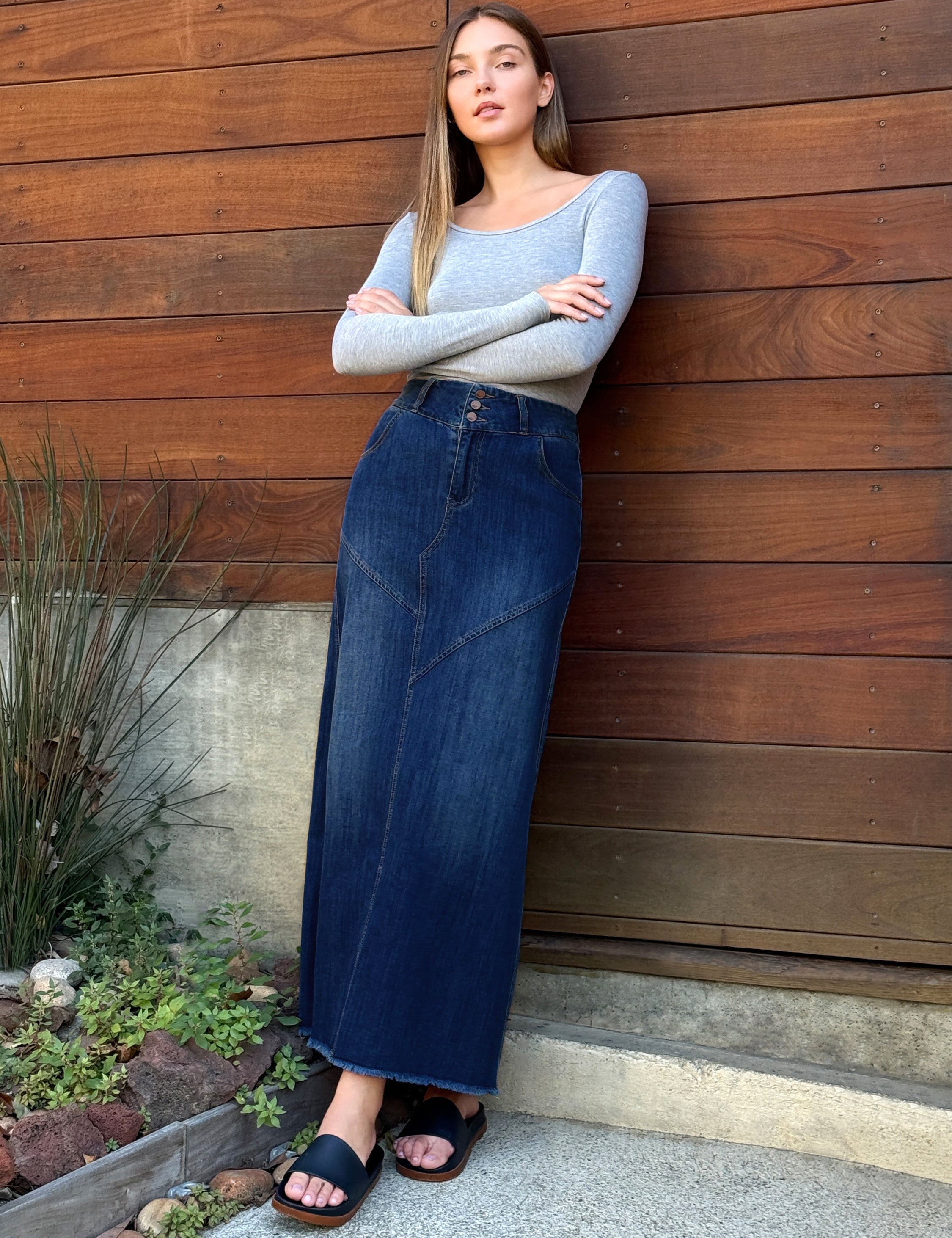 【BAON】Kadami washing denim long skirt Pieced Denim Maxi Skirt – washlabshop