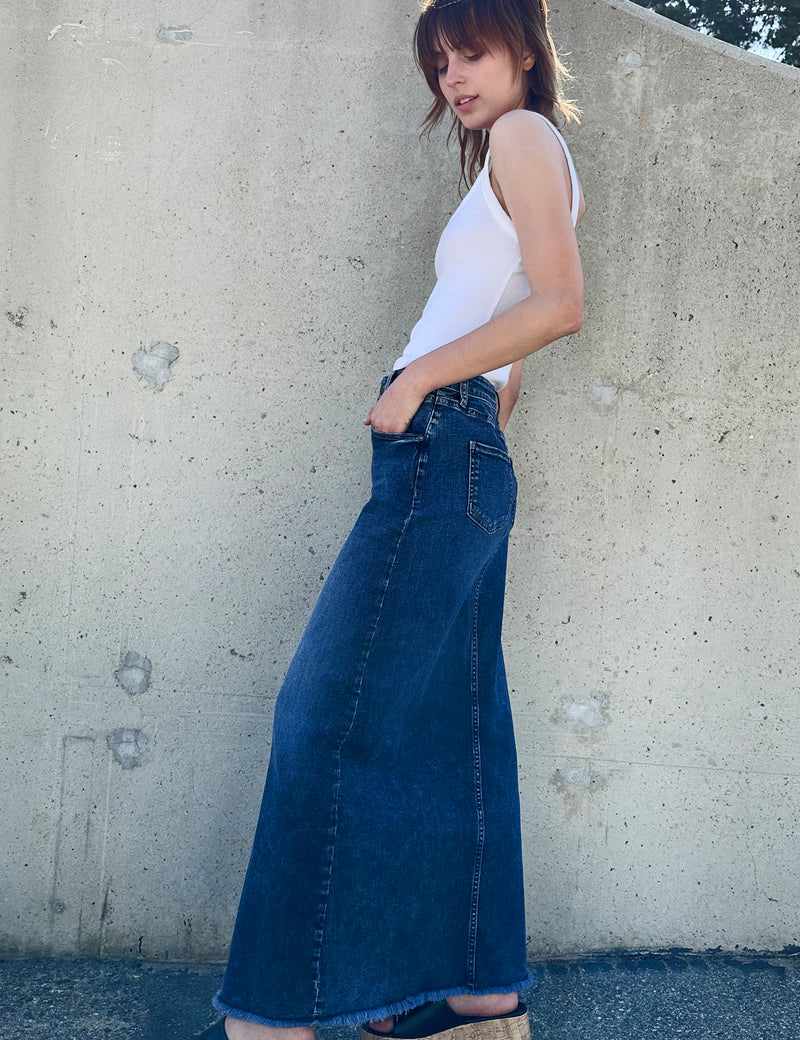 Women's Designer Lowdown Denim Maxi Skirt in Gravity Blue