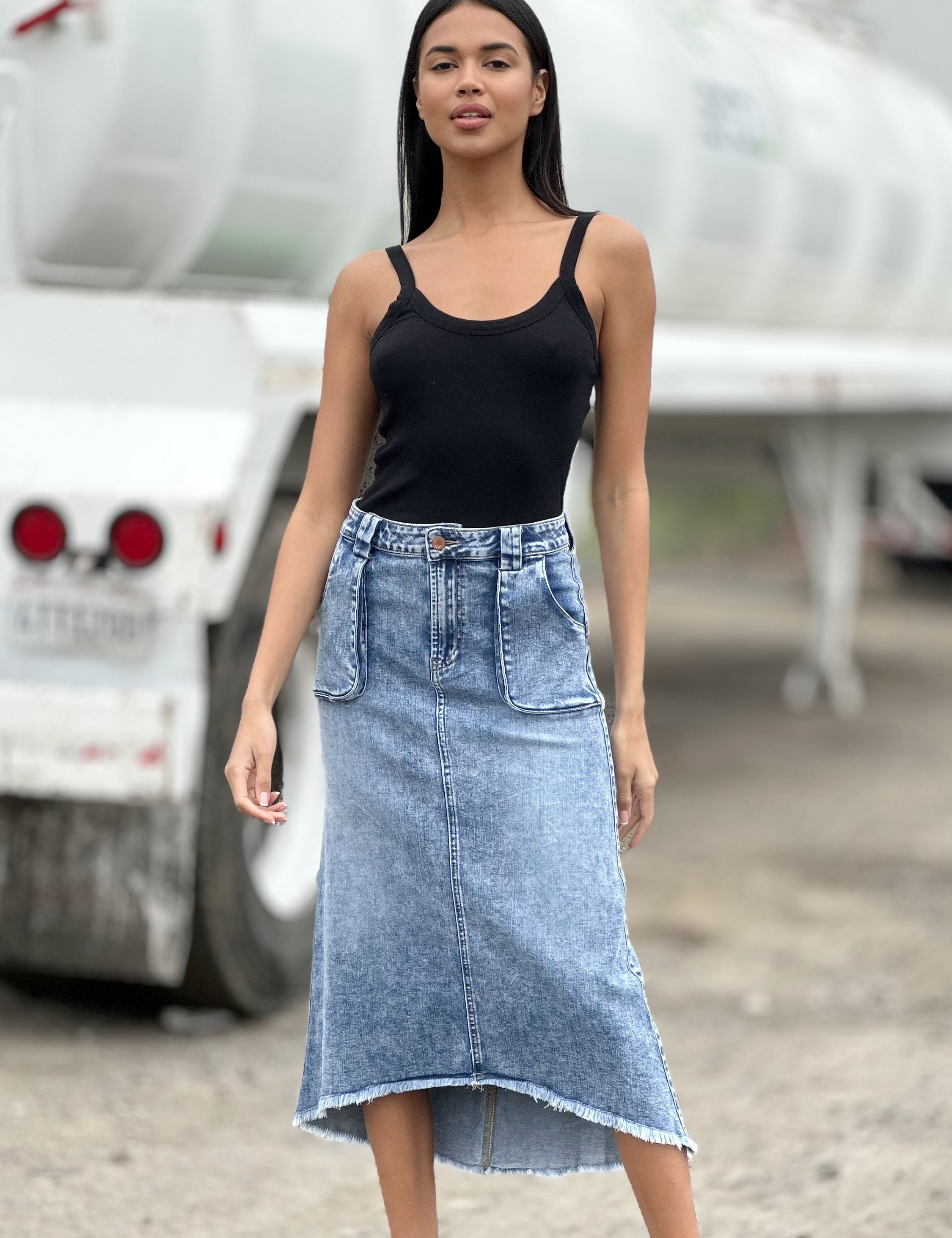 Sky Blue 4 Patch Pockets Front Slit Midi Denim Skirt