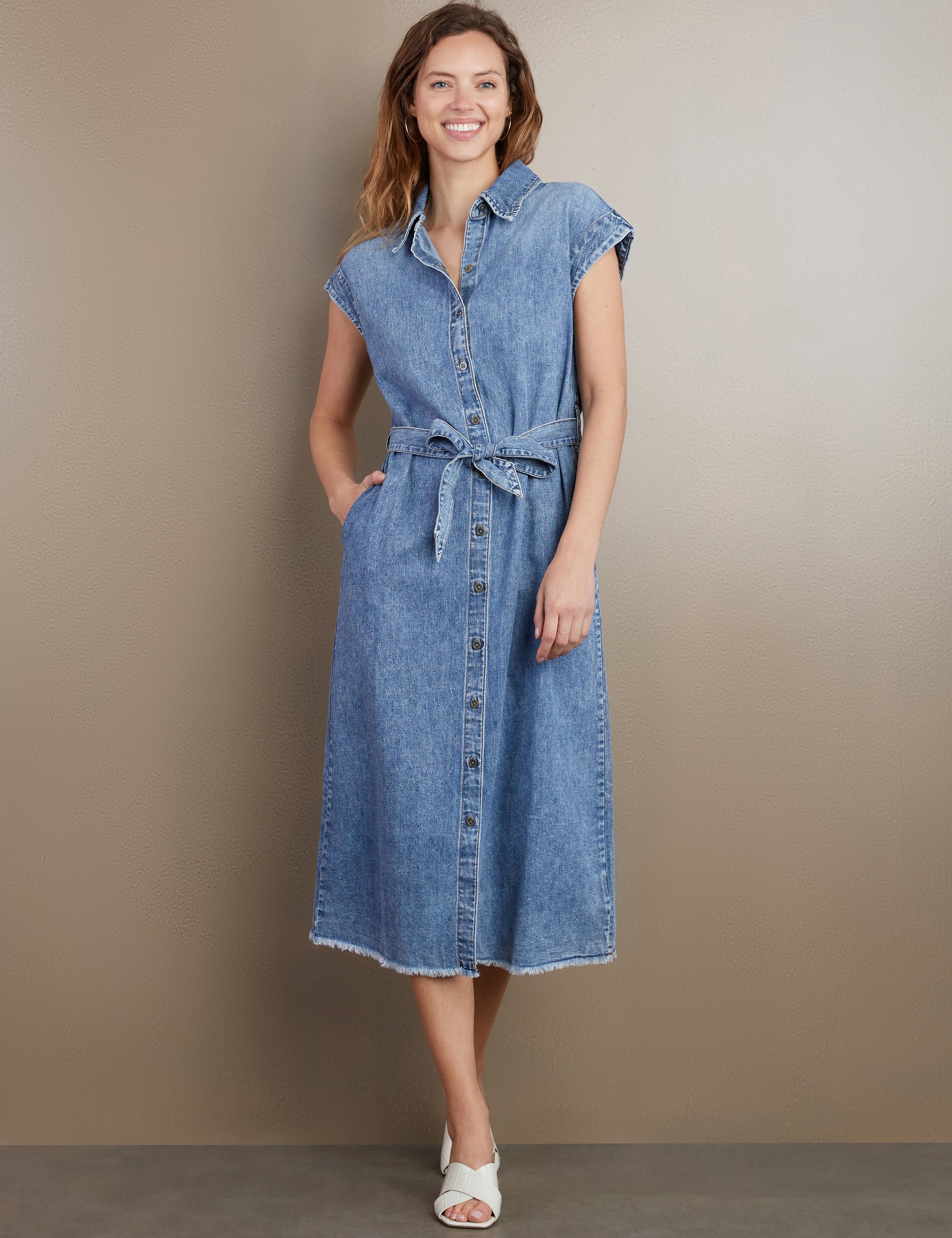 Women's Weekend Denim Midi Dress with Tie Waist Wash Lab washlabshop Women's Weekend Denim Midi Dress with Tie Waist Wash Lab washlabshop