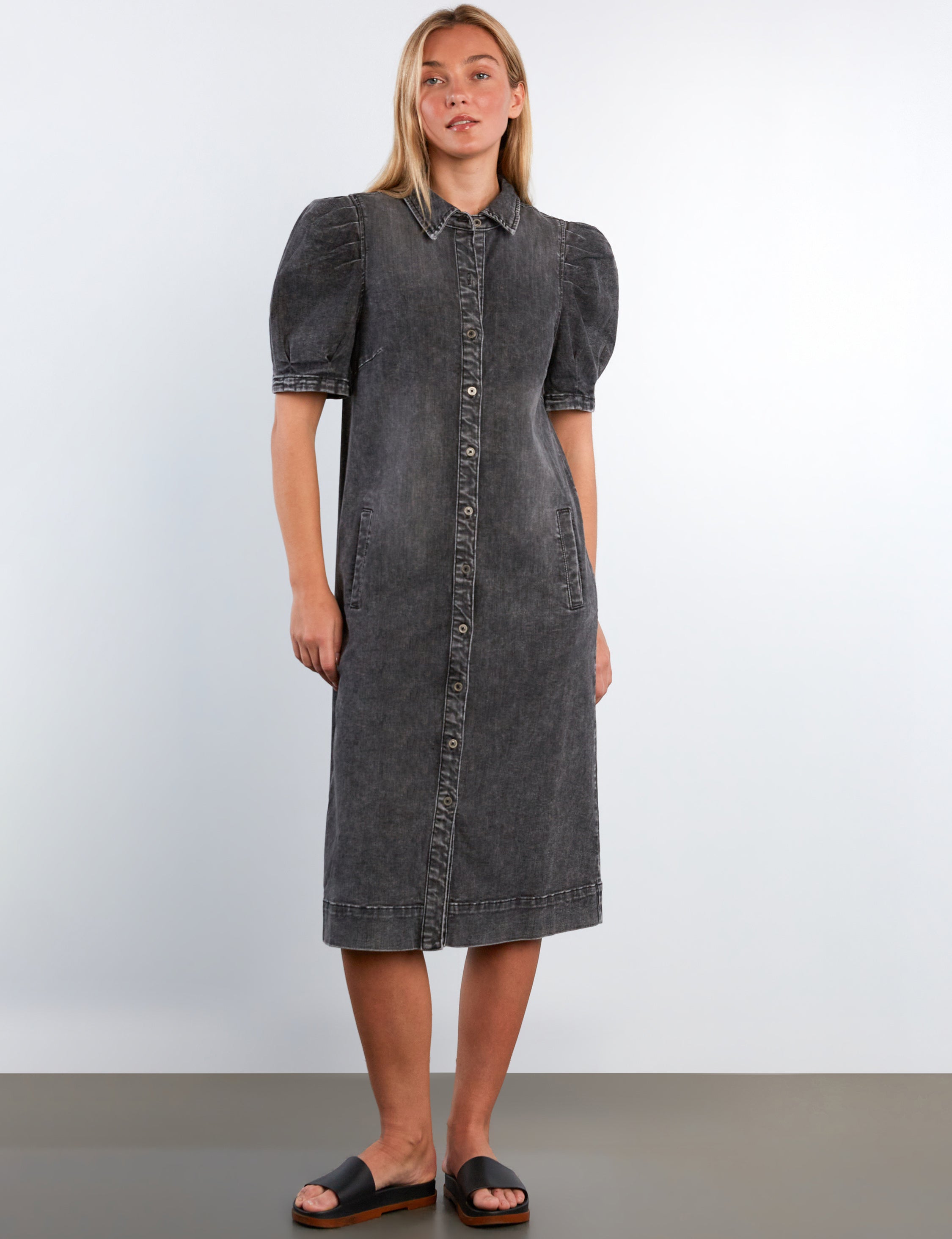 Women's Puff Denim Grey Midi Dress Dark Cement / S
