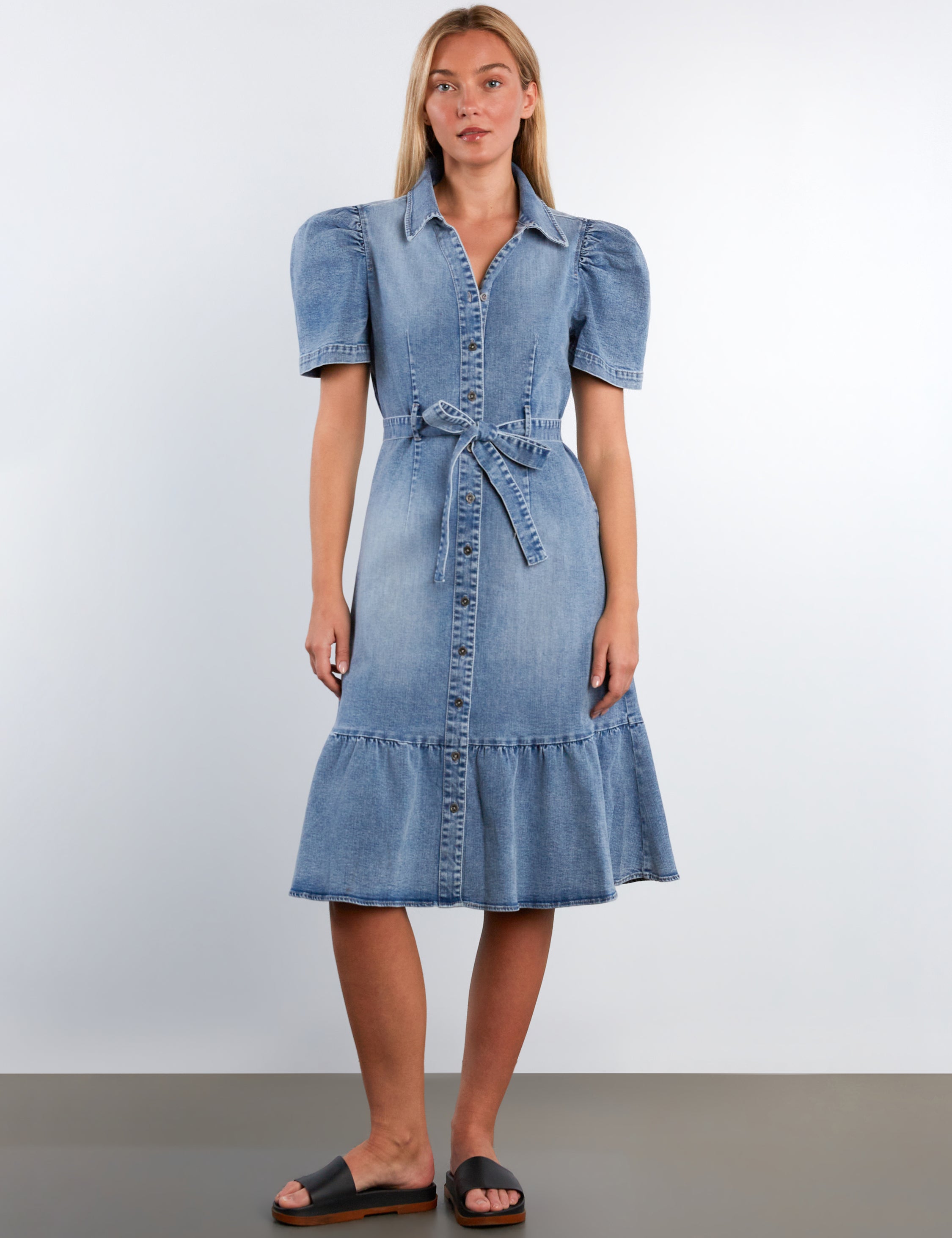 Women's Puff Sleeve Denim Muse Tie Dress – washlabshop