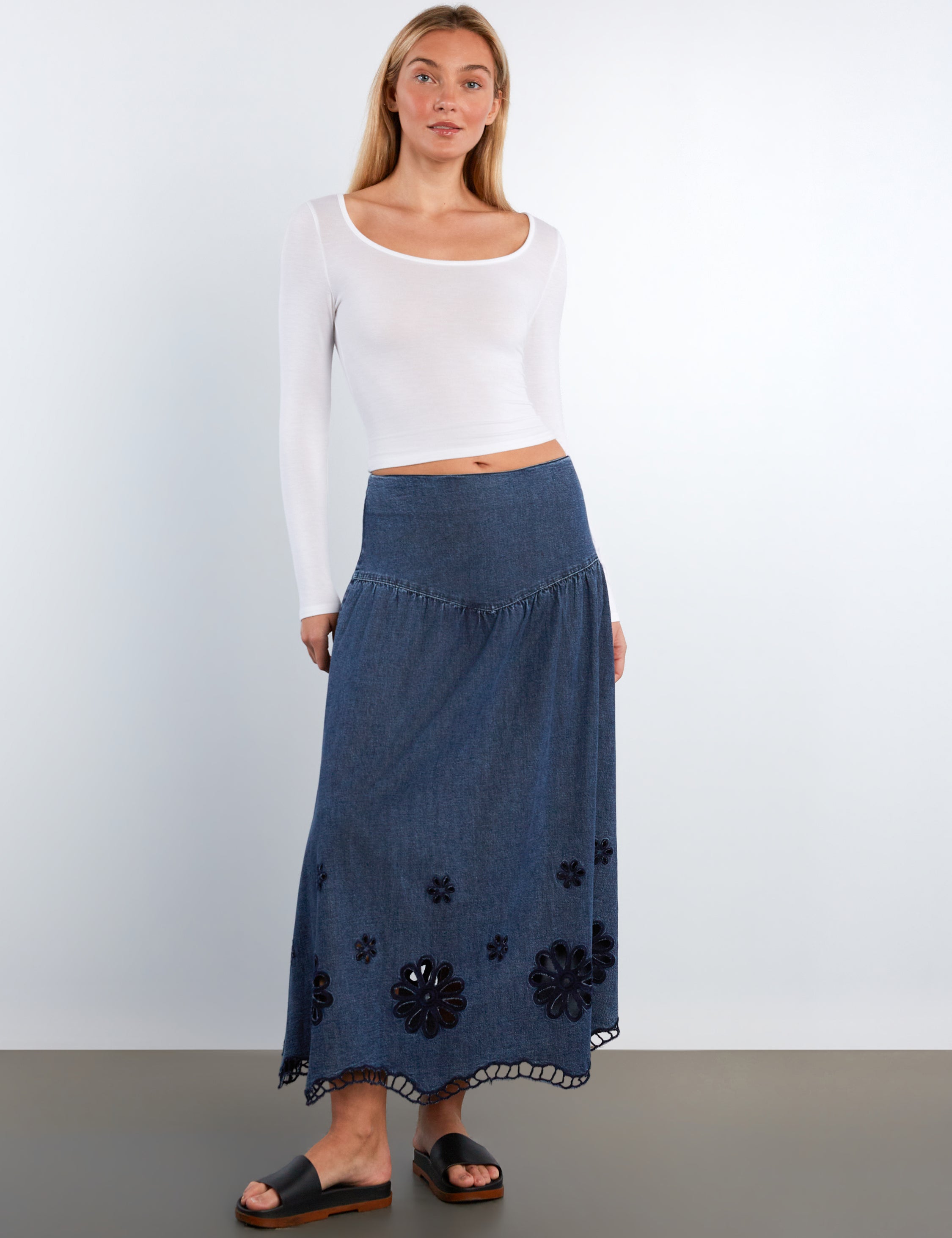 Women's Camellia Embroidered Denim Maxi Skirt – washlabshop
