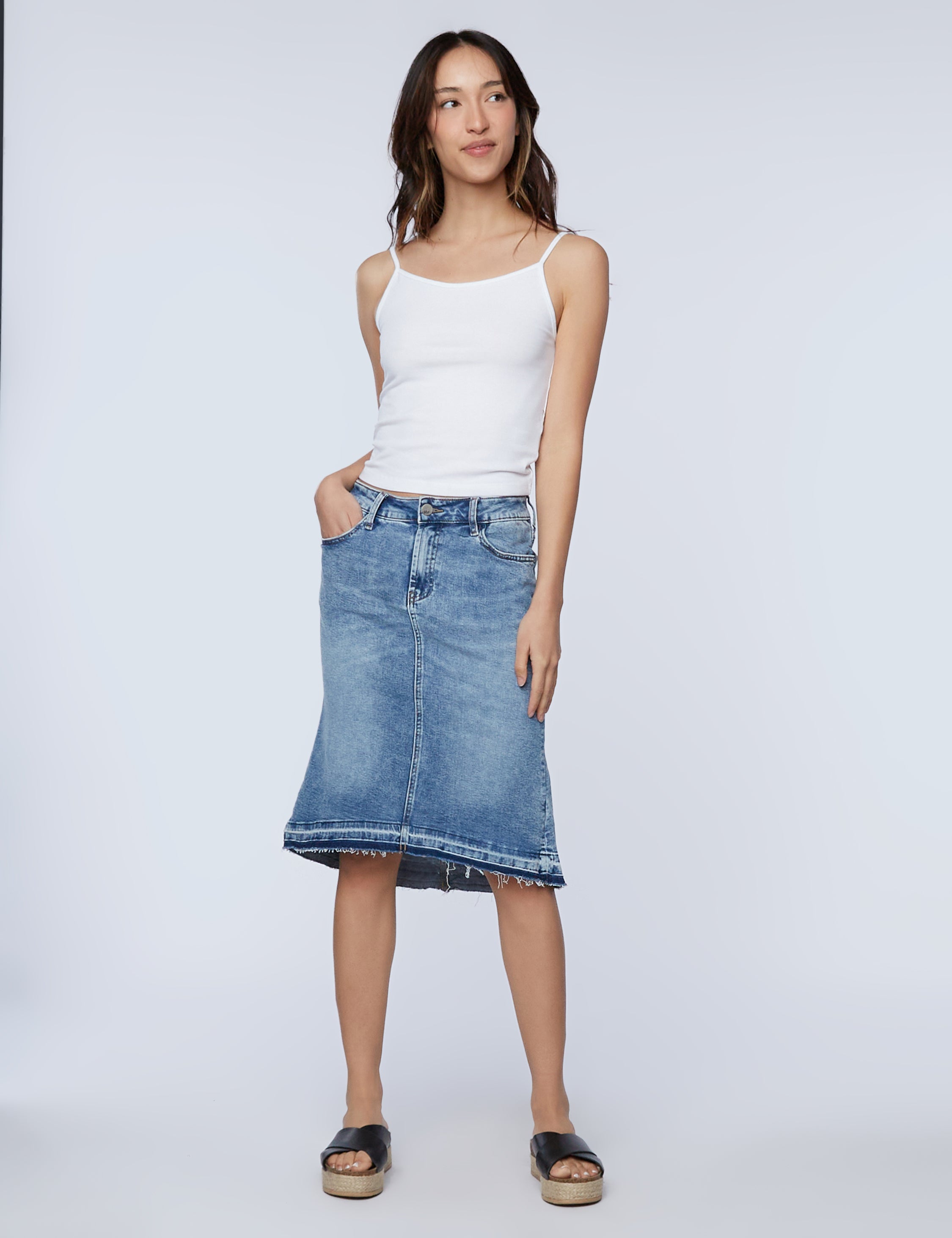 Blue denim hi-lo skirt deals