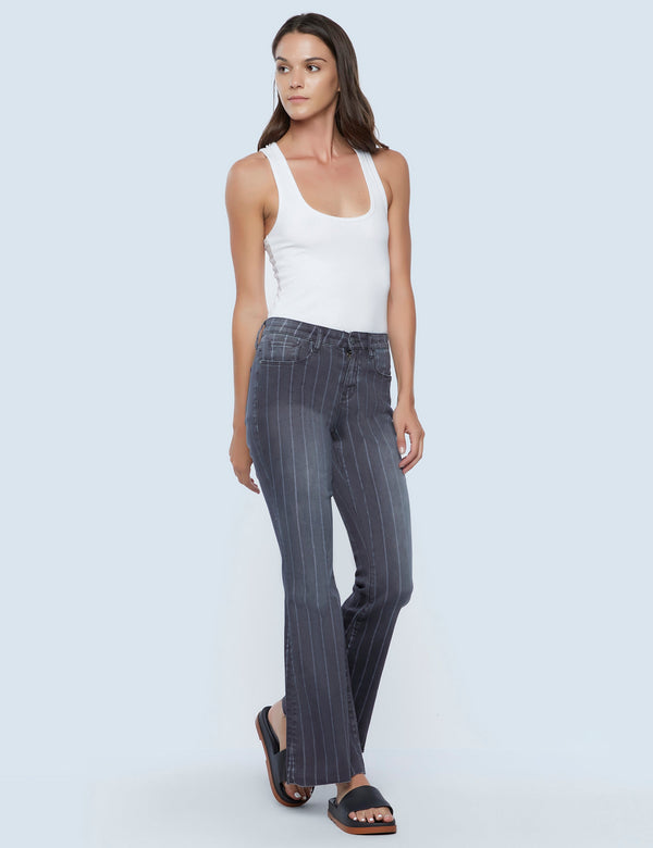 Olivia High Rise Flares Charcoal Stripe Front View