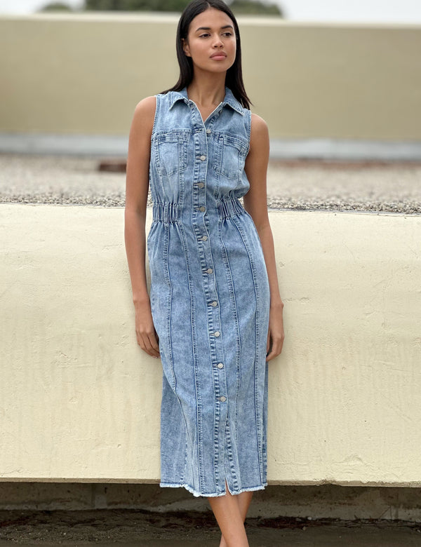 Women's Fashion Brand Cinched Waist Sleeveless Denim Shirtdress