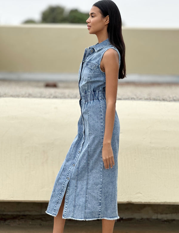 Women's Fashion Brand Cinched Waist Sleeveless Denim Shirtdress