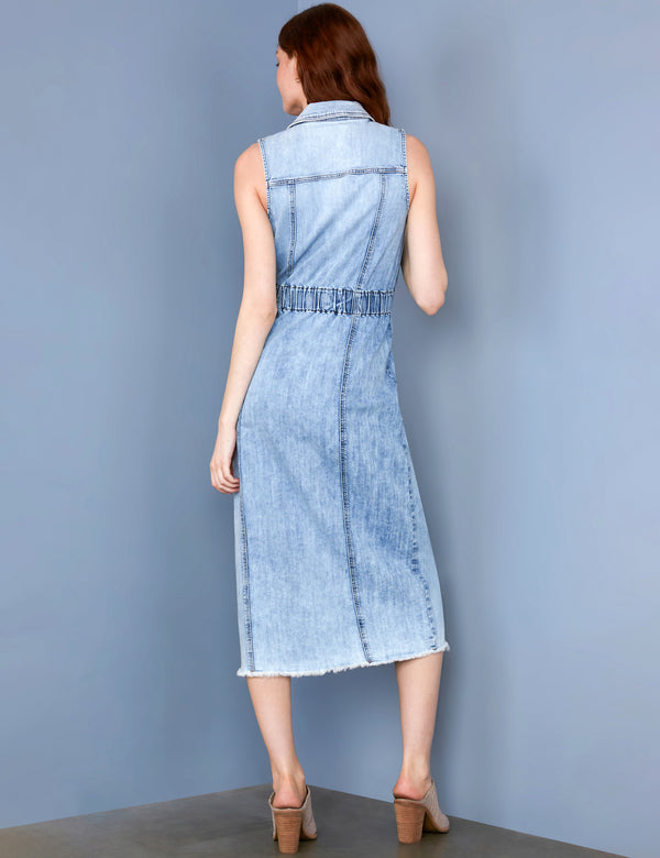 Women's Fashion Brand Cinched Waist Sleeveless Light Wash Denim Shirtdress