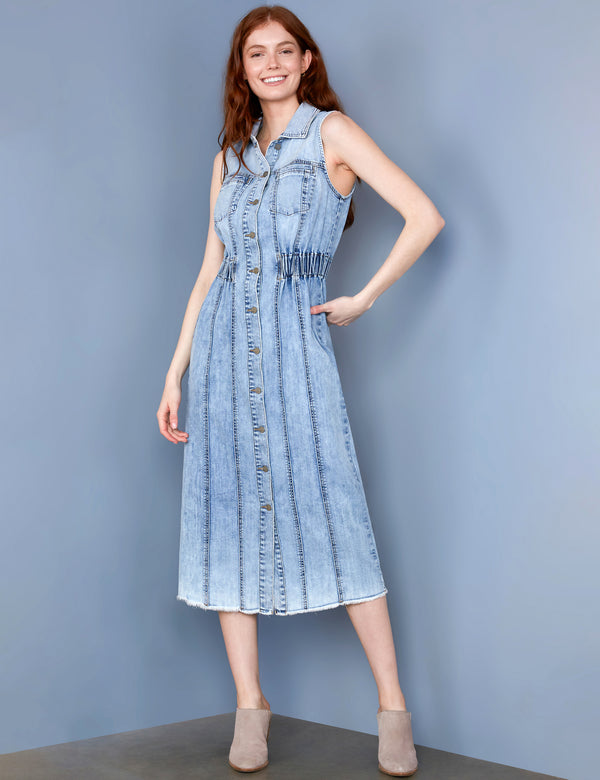 Women's Fashion Brand Cinched Waist Sleeveless Light Wash Denim Shirtdress