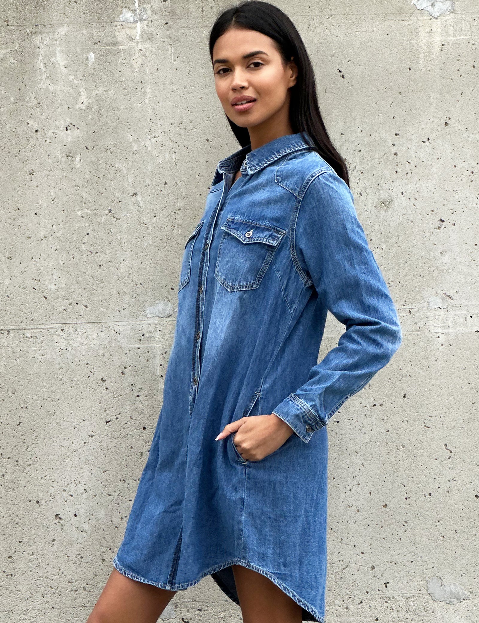 wash lab denim shirt dress Wash Lab Below the Knee Dresses washlabshop