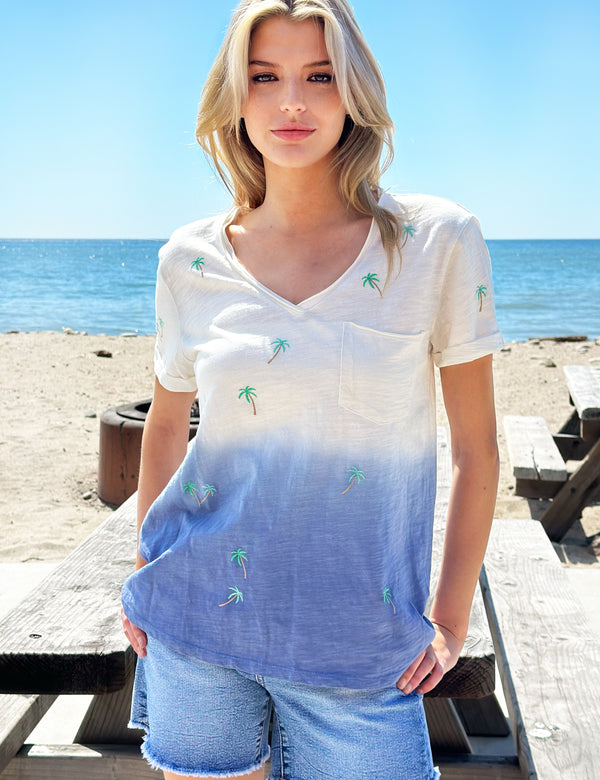 Dip Dye Blue V-Neck Tee with Palm Tree Embroidery Front View