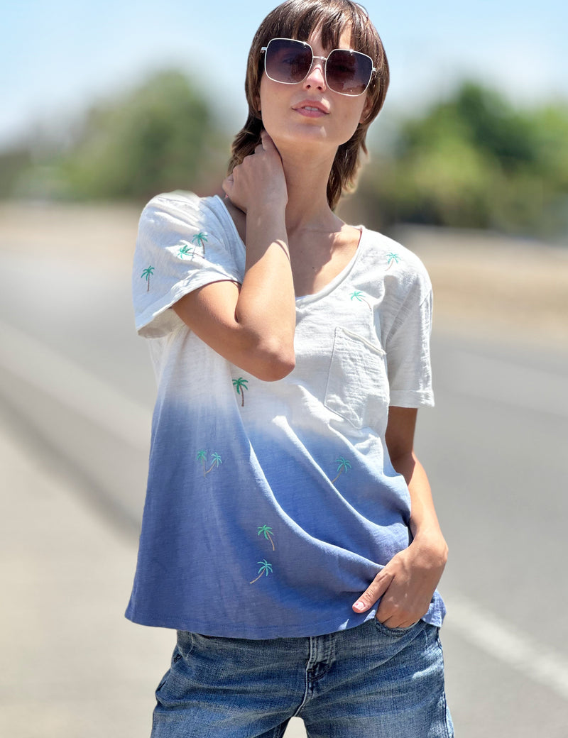 Dip Dye Blue V-Neck Tee with Palm Tree Embroidery Front View Three