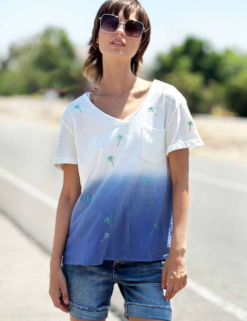 Dip Dye Blue V-Neck Tee with Palm Tree Embroidery Front View four