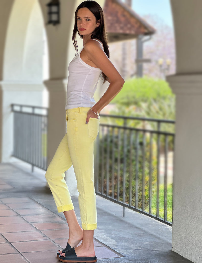 Women's Designer Yellow Colored Denim Cropped Boyfriend Jeans