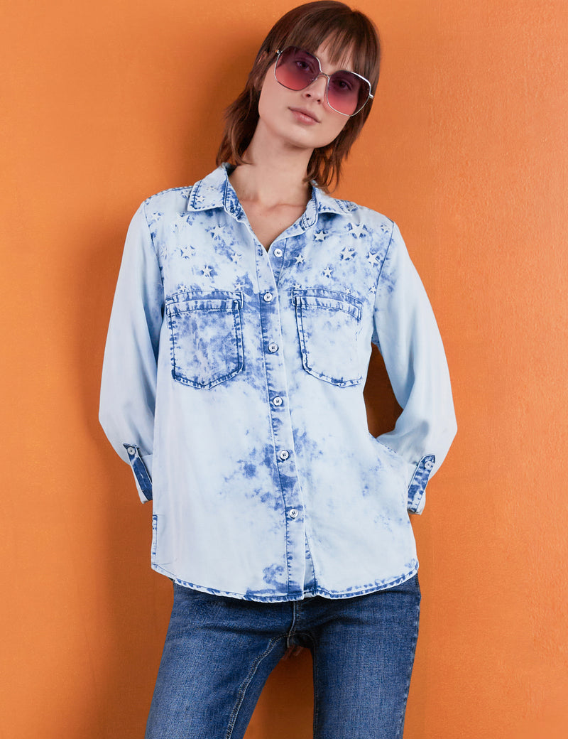 Women's Designer Bleached Denim with Star Embroidery Button Down