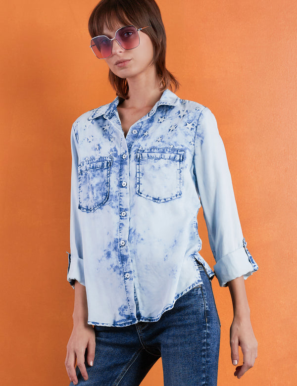 Women's Designer Bleached Denim with Star Embroidery Button Down