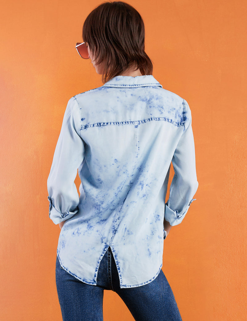 Women's Designer Bleached Denim with Star Embroidery Button Down