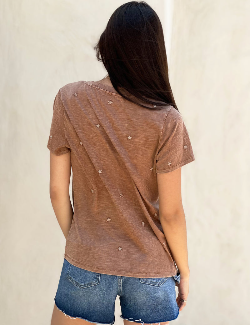 Women's Designer Tee with Star Embroidery in Sand