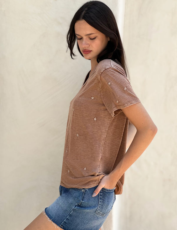 Women's Designer Tee with Star Embroidery in Sand