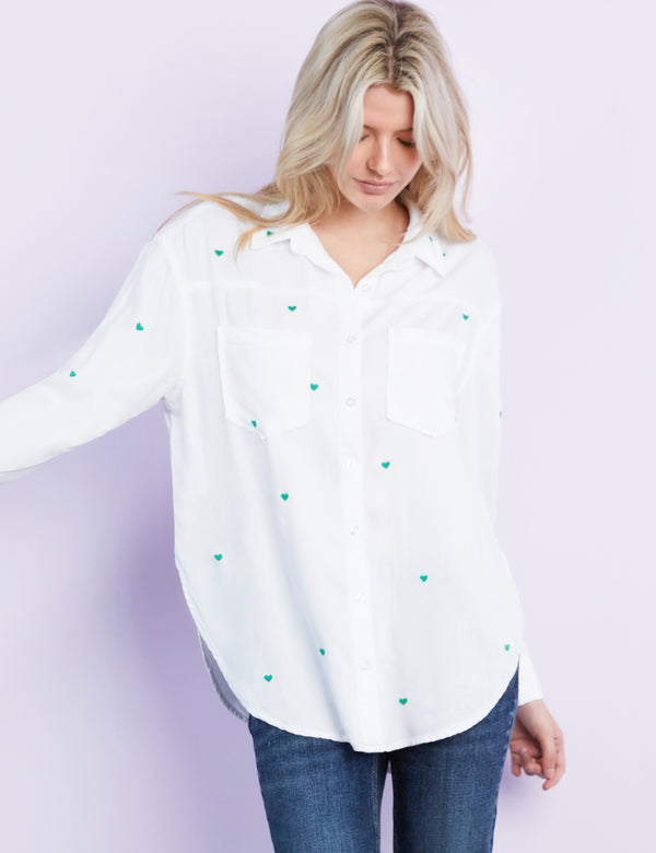 Women's Designer White Button Down with Green Heart Embroidery