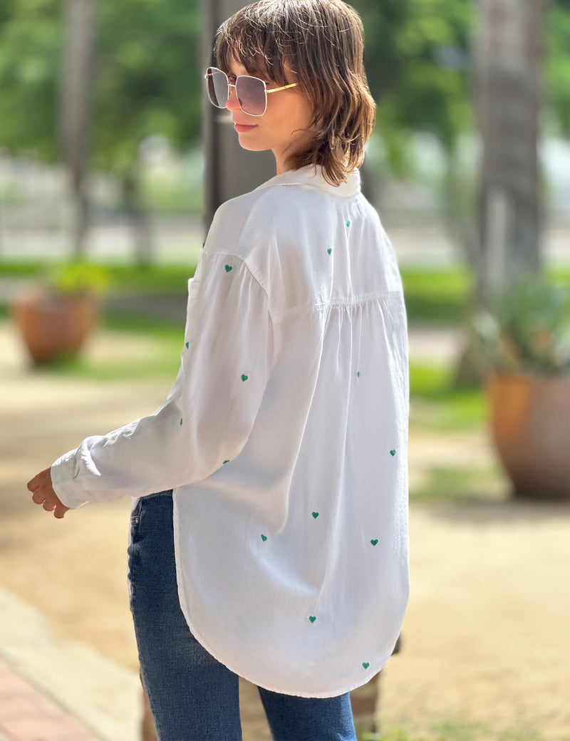 Women's Designer White Button Down with Green Heart Embroidery