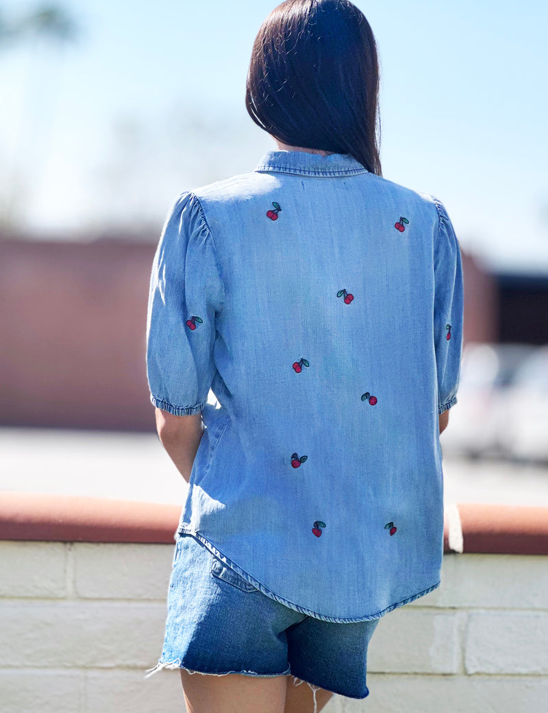 Women's Short Sleeve Cherry Embroidery Shirt