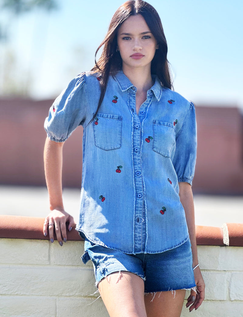 Women's Short Sleeve Cherry Embroidery Shirt