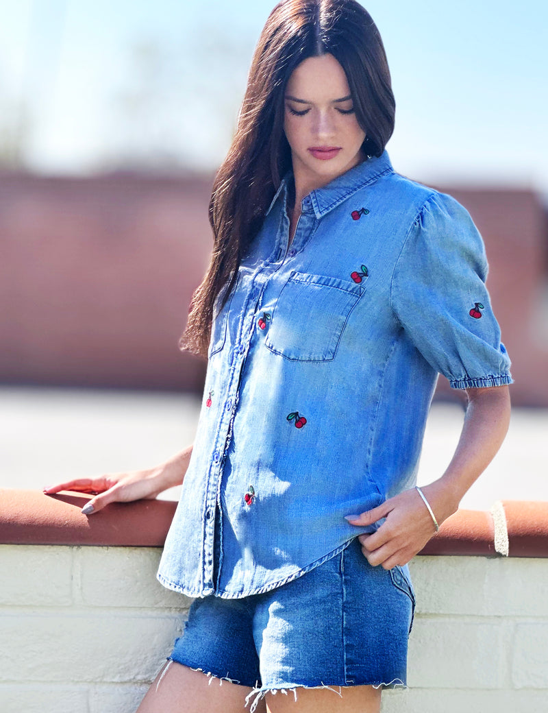 Women's Short Sleeve Cherry Embroidery Shirt