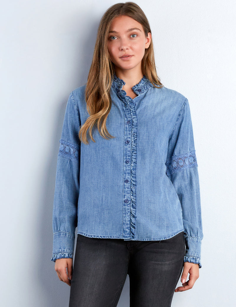 Women's Melody Button-Front Ruffle Shirt – Wash Lab – washlabshop Women's Melody Button-Front Ruffle Shirt – Wash Lab – washlabshop