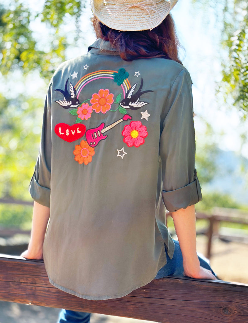 Women's Fashion Brand Birds of a Feather Embroidery Shirt in Soft Olive