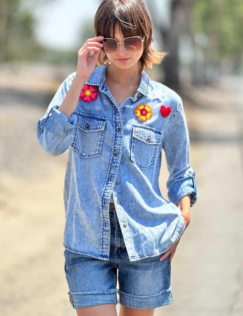 Women's Designer Birds of a Feather Button Down Denim Shirt