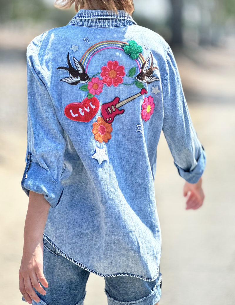 Women's Designer Birds of a Feather Button Down Denim Shirt