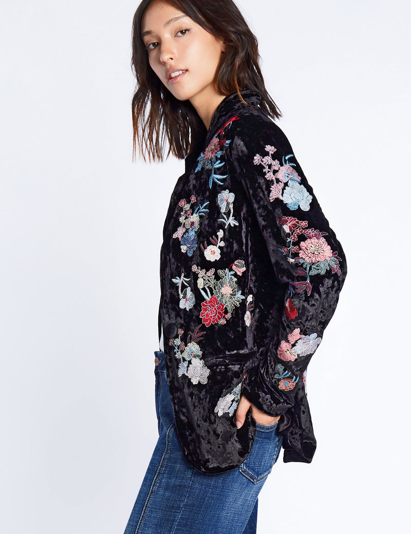 Women's Fashion Brand Floral Embroidery Black Velvet Blazer