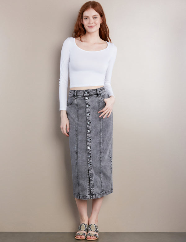 Women's Fashion Brand Button Front Pencil Skirt in Black Wash