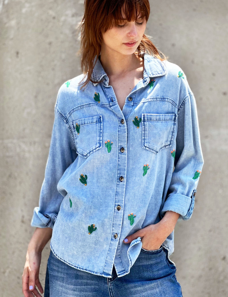 Women's Cactus Embroidery Button Down Shirt