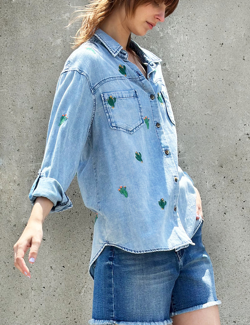 Women's Cactus Embroidery Button Down Shirt