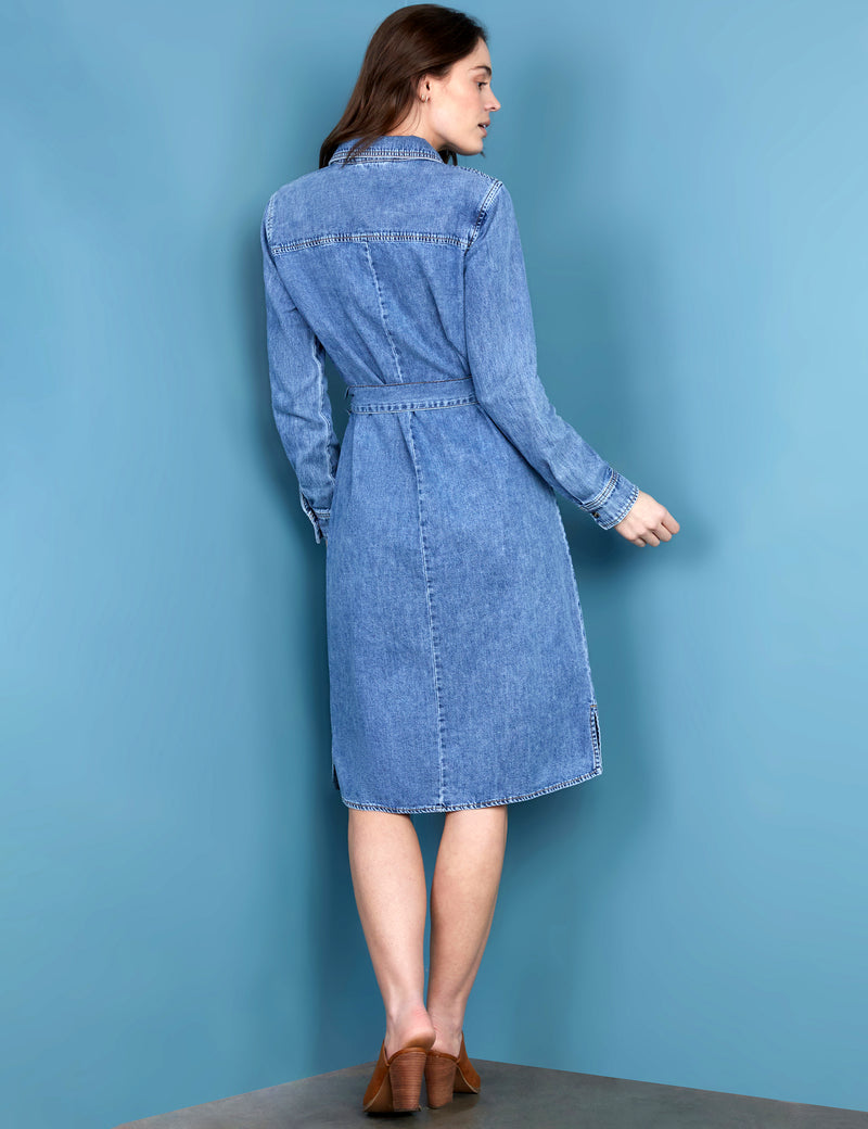 tie waist denim shirt dress Denim Tie Waist Midi Shirtdress - Midnight Wash