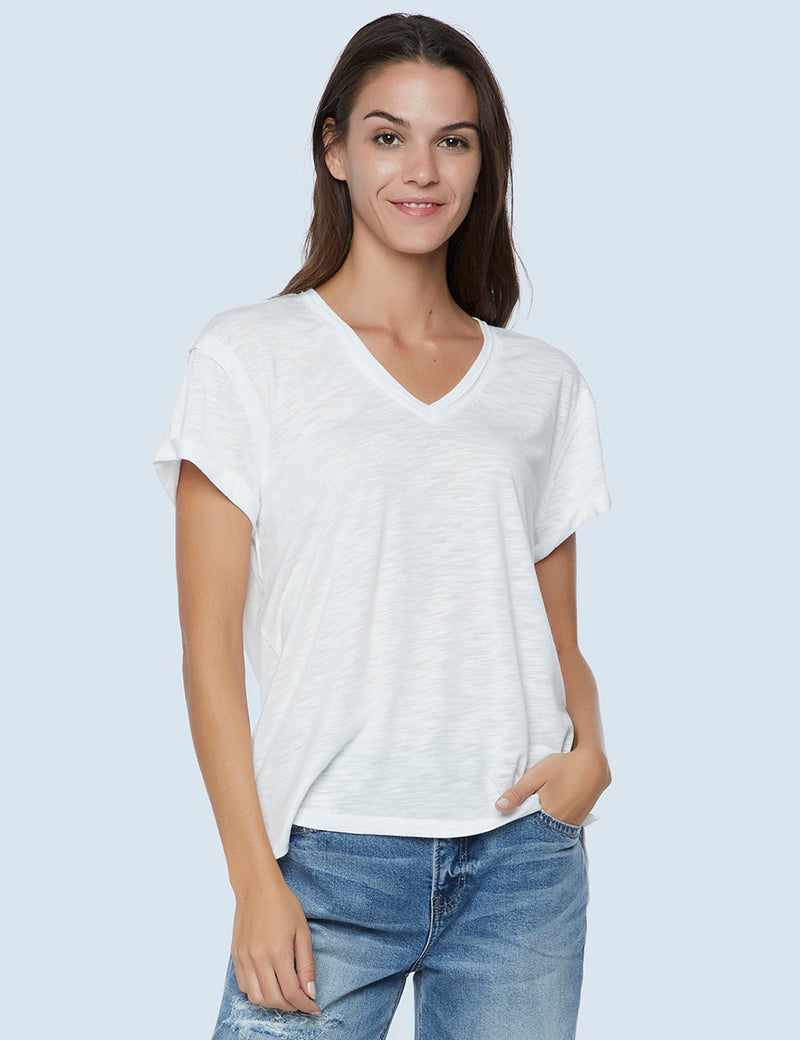 High-End Women's Fashion Brand Classic White Slub V-Neck Tee