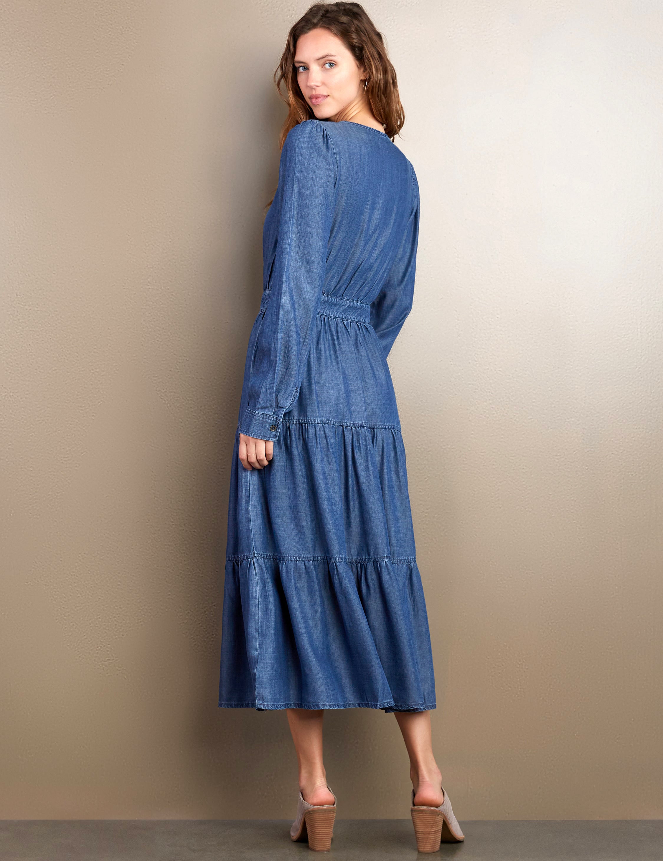 Women’s Layers Denim Maxi Dress with Tiered Silhouette – Wash Lab